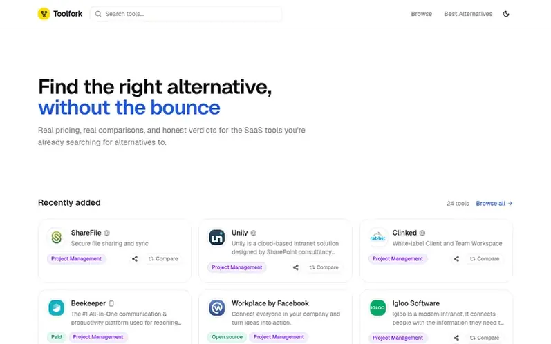 Screenshot of the Toolfork homepage