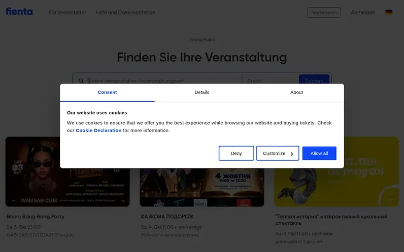 Screenshot of the Fienta homepage
