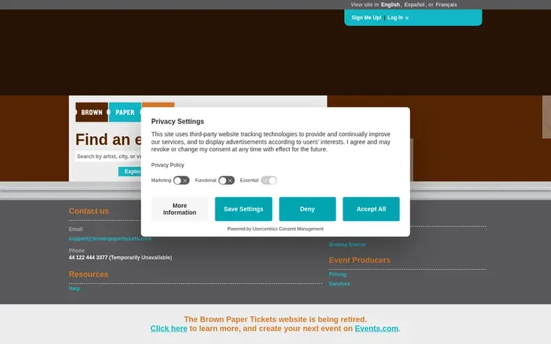 Screenshot of the Brown Paper Tickets homepage