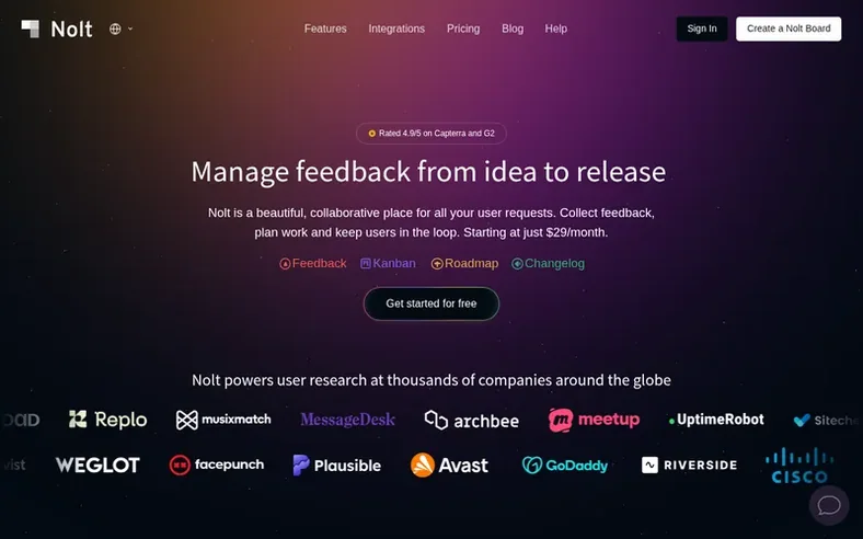 Screenshot of the Nolt homepage