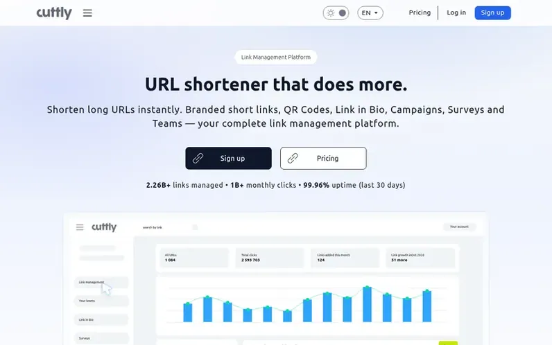 Screenshot of the Cuttly homepage