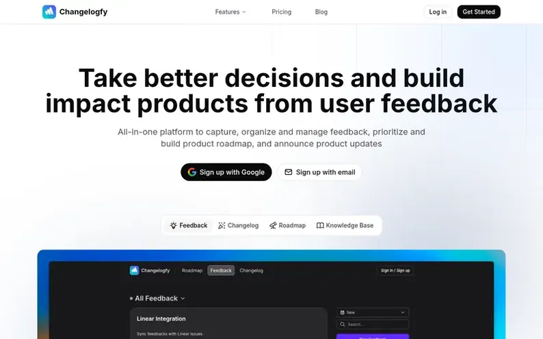 Screenshot of the Changelogfy homepage