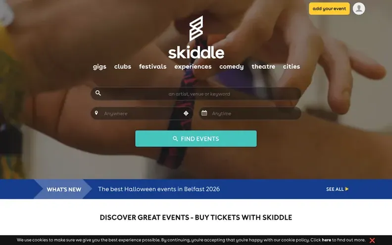 Screenshot of the Skiddle homepage