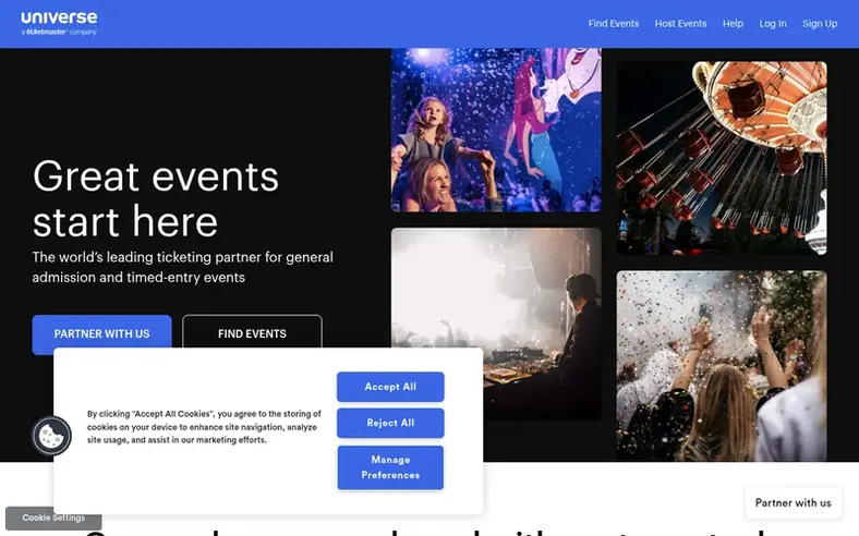 Screenshot of the Universe homepage