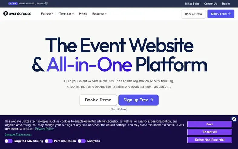 Screenshot of the EventCreate homepage