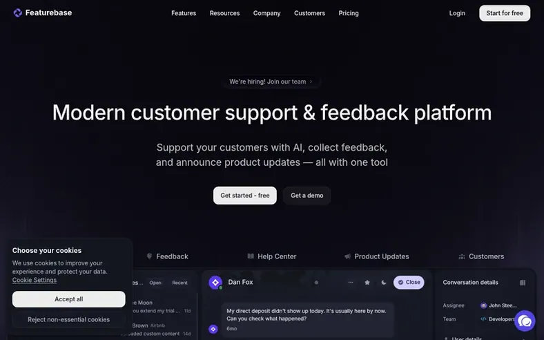 Screenshot of the Featurebase homepage