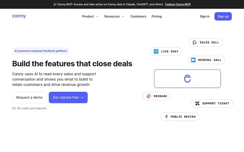 Screenshot of the Canny homepage