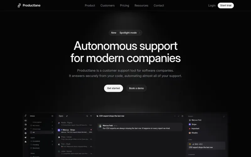 Screenshot of the Productlane homepage