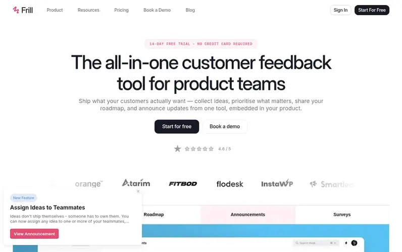 Screenshot of the Frill homepage