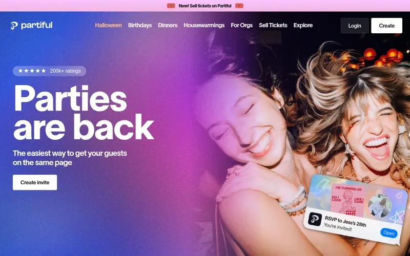 Screenshot of the Partiful homepage